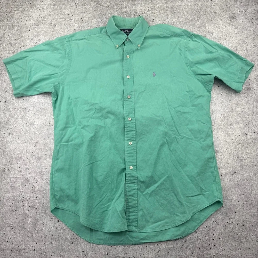 Vintage Polo Ralph Lauren Mint Green Button Down Short Sleeve Shirt Mens Medium